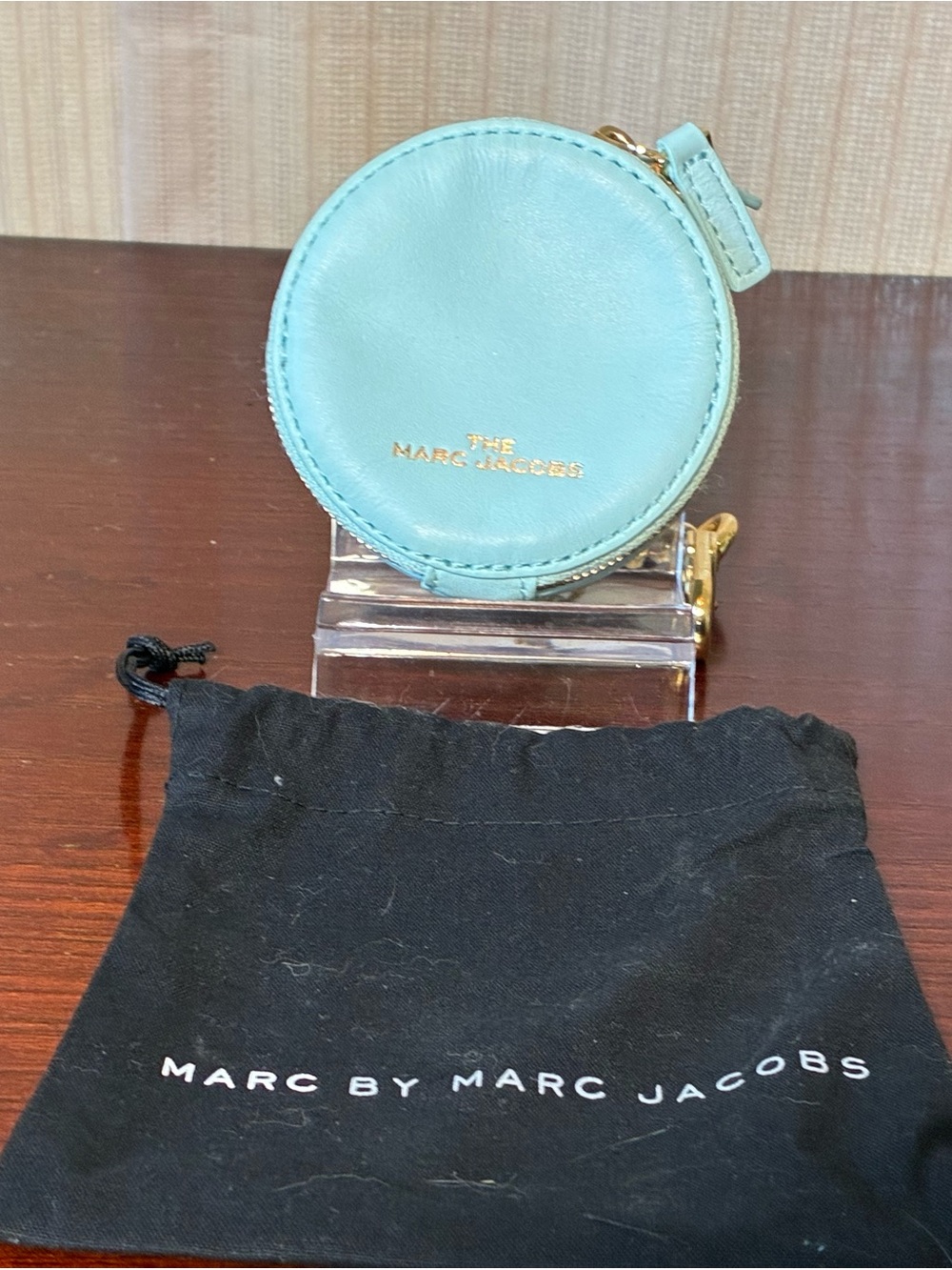 Marc By Marc Jacobs Round Leather Coin Case in Mint Blue with Gold Hardware